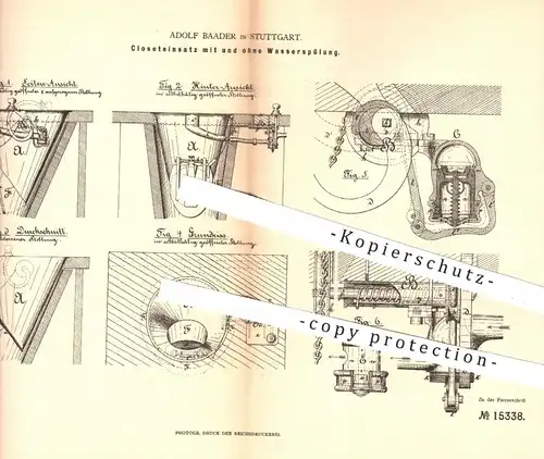 original Patent - Adolf Baader , Stuttgart , 1881 , Kloseteinsatz mit Wasserspülung | Kloset , WC , Toilette , Sanitär !