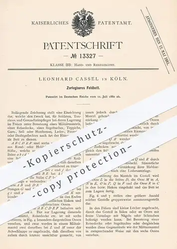original Patent - Leonhard Cassel , Köln , 1880 , Zerlegbares Feldbett | Reisebett , Bett , Betten , Militär , Lazarett