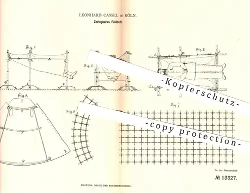 original Patent - Leonhard Cassel , Köln , 1880 , Zerlegbares Feldbett | Reisebett , Bett , Betten , Militär , Lazarett