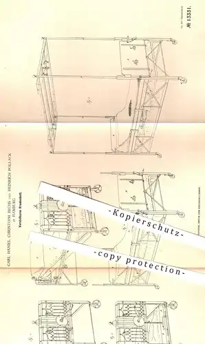 original Patent - Carl Daniel Ch. Brühs / Heinrich Pollack , Hamburg , 1880 , Verstellbares Krankenbett | Bett , Betten