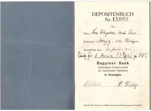 Sparbuch von Rittergutsbesitzer Erich Roloff in Dabergotz / Neuruppin 1920 - 1945 , Temnitz , Sparkasse , Bank !!!