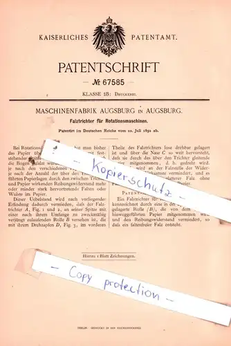 original Patent -  Maschinenfabrik Augsburg in Augsburg , 1892 , Druckerei !!!