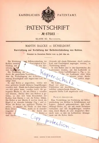 original Patent - Martin Balcke in Düsseldorf , 1892 , Brennstoffe !!!