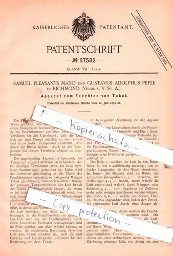 original Patent - Samuel Mayo und Gustavus Peple in Richmond , Virginia, V. St. A. , 1892 , Tabak !!!
