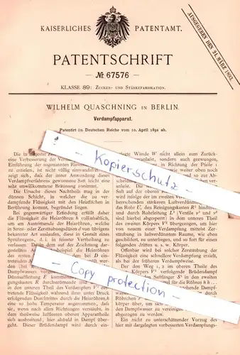 original Patent - Wilhelm Quaschning in Berlin , 1892 ,  Verdampfapparat !!!