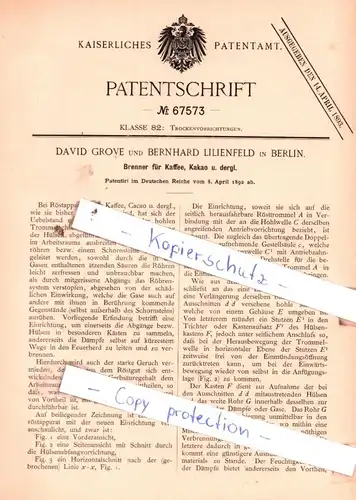 original Patent - David Grove und Bernhard Lilienfeld in Berlin , 1892 , Brenner für Kaffee, Kakao u. dergl. !!!