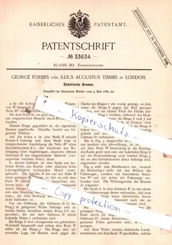 original Patent -  George Forbes und Illius Augustus Timmis in London , 1885 , Elektrische Bremse !!!