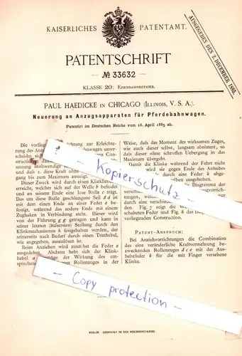 original Patent - Paul Haedicke  in Chicago , Illinois, V. S. A. , 1885 , Eisenbahnbetrieb !!!
