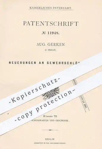 original Patent - Aug. Gerken , Berlin , 1880 , Gewehrschloss | Gewehre , Waffen , Jagd , Militär , Gewehr , Waffe !!