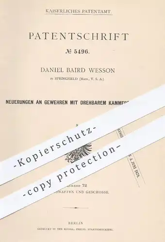 original Patent - Daniel Baird Wesson , Springfield USA , 1878 , Gewehre mit drehbarem Kammerzylinder | Gewehr , Waffen