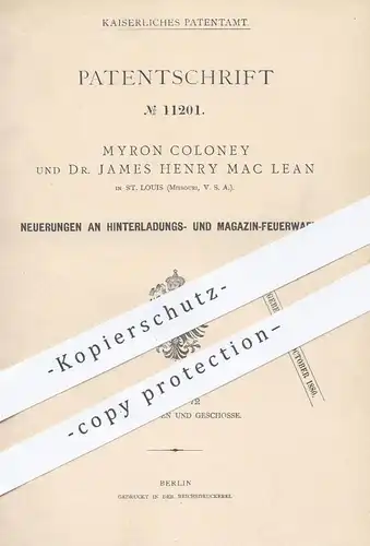 original Patent - Myron Coloney / Dr. James H. Mac Lean , St. Louis Missouri USA , 1880 , Magazin - Feuerwaffen | Waffen