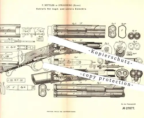 original Patent - P. Mittler , Strassburg Elsass , 1883 , Schloss für Gewehre | Gewehr , Waffe , Waffen , Militär , Jagd