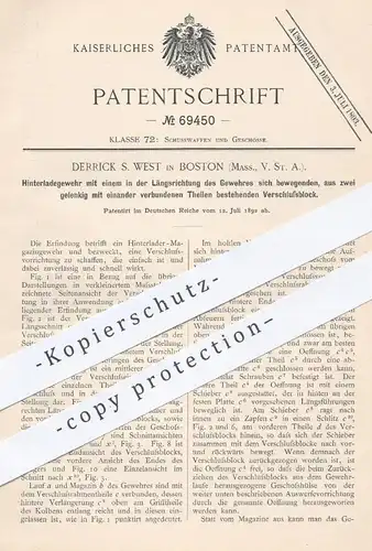 original Patent - Derrick S. West , Boston , Massachusets USA , 1892 , Hinterlade - Gewehr | Waffen , Jagd , Militär