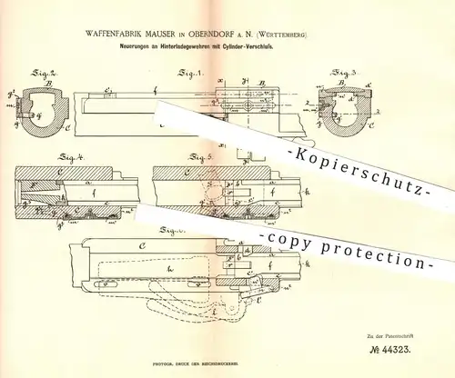 original Patent - Waffenfabrik Mauser , Oberndorf / Neckar , Hinterladegewehr mit Zylinderverschluss | Gewehr , Waffen !