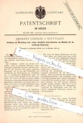 original Patent - Hermann Giessler in Stuttgart , 1888 , Chemische Metallbearbeitung !!!