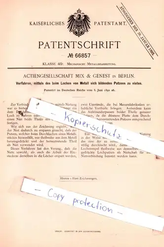 original Patent - Actiengesellschaft Mix & Genest in Berlin , 1892 , Mechanische Metallbearbeitung !!!