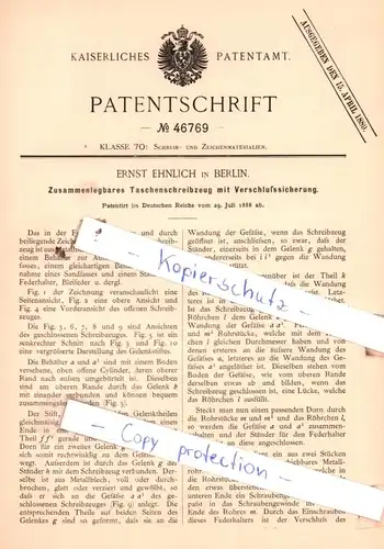 original Patent - E. Ehnlich in Berlin , 1888 , Zusammenlegbares Taschenschreibzeug mit Verschlußsicherung !!!