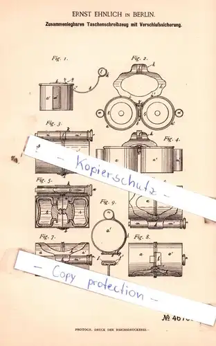 original Patent - E. Ehnlich in Berlin , 1888 , Zusammenlegbares Taschenschreibzeug mit Verschlußsicherung !!!