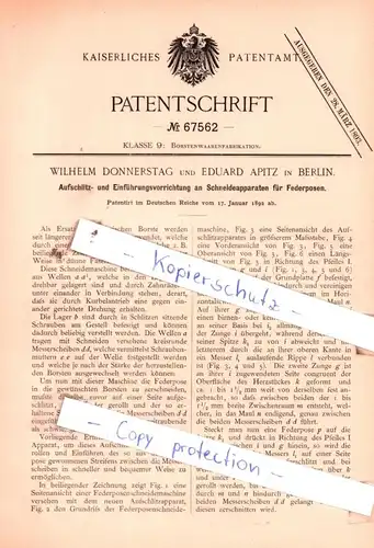 original Patent - Wilhelm Donnerstag und Eduard Apitz in Berlin , 1892 , Borstenwaarenfabrikation !!!