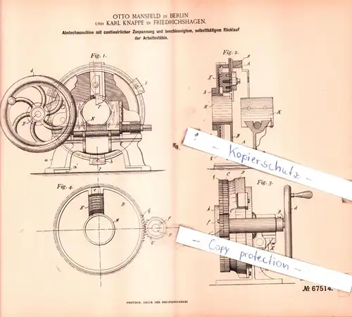 original Patent - O. Mansfeld in Berlin und K. Knappe in Friedrichshagen , 1892 , Mechanische Metallbearbeitung !!!