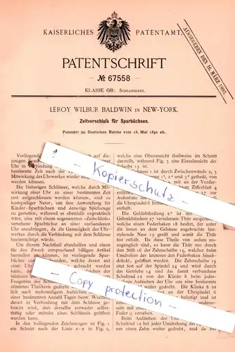 original Patent - Leroy Wilbur Baldwin in New-York , 1892 , Zeitverschluß für Sparbüchsen !!!