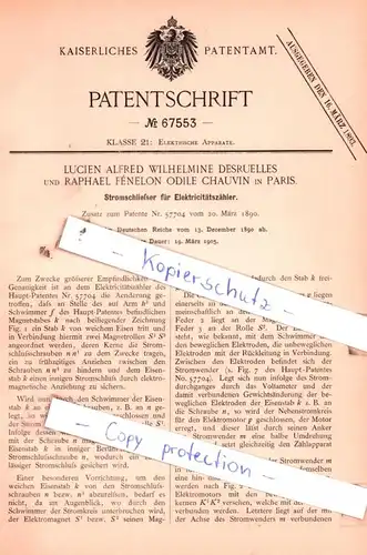 original Patent - L. A. Desruelles und R. F. Chauvin in Paris , 1890 , Stromschließer für Elektricitätszähler !!!