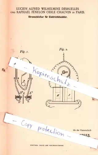 original Patent - L. A. Desruelles und R. F. Chauvin in Paris , 1890 , Stromschließer für Elektricitätszähler !!!