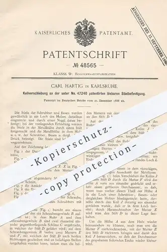 original Patent - Carl Hartig , Karlsruhe , 1888 , Keilverschiebung an lösbarer Stielbefestigung | Stiel für Besen !!!