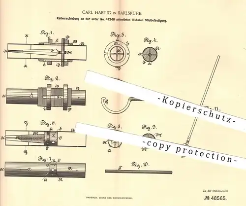 original Patent - Carl Hartig , Karlsruhe , 1888 , Keilverschiebung an lösbarer Stielbefestigung | Stiel für Besen !!!