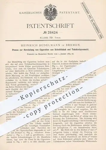 original Patent - H. Budelmann , Bremen , 1884 , Presse für Zigaretten aus Schnitttabak | Zigarette , Tabak , Rauchen !!
