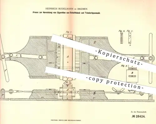 original Patent - H. Budelmann , Bremen , 1884 , Presse für Zigaretten aus Schnitttabak | Zigarette , Tabak , Rauchen !!