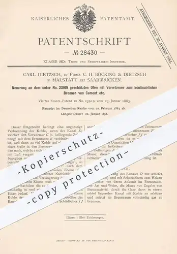 original Patent - C. H. Böcking & Dietzsch , Malstatt / Saarbrücken , 1884 , Ofen zum Brennen von Zement | Öfen !!!