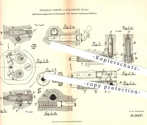 original Patent - Wilhelm Lorenz , Karlsruhe , 1883 , Abfeuerung beim Hinterladegeschütz | Geschütz , Geschütze , Waffen