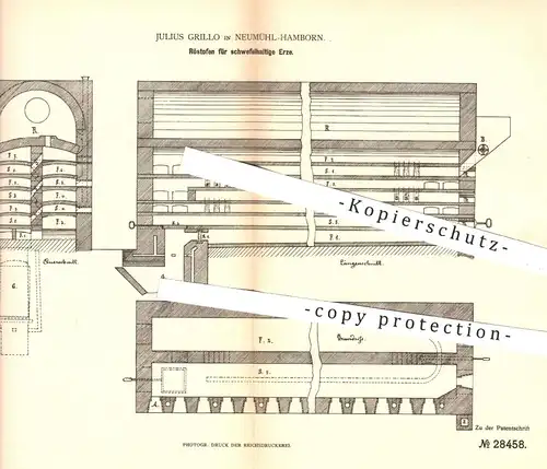 original Patent - Julius Grillo , Neumühl / Hamborn , 1884 , Röstofen für schwefelhaltige Erze | Erz , Ofen , Öfen !!!