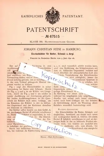 original Patent - Johann Christian Reese in Hamburg , 1892 , Einsteckkühler für Butter, Schmalz u. dergl. !!!