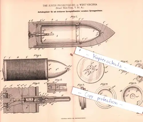 original Patent - The Justin Projectile Co. in West Virginia , 1896 , Schusswaffen und Geschosse !!!