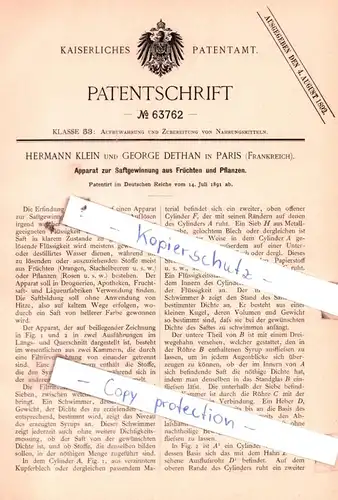 original Patent - H. Klein und George Dethan in Paris , 1891 , Apparat zur Saftgewinnung aus Früchten und Pflanzen !!!