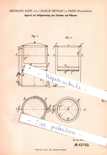 original Patent - H. Klein und George Dethan in Paris , 1891 , Apparat zur Saftgewinnung aus Früchten und Pflanzen !!!