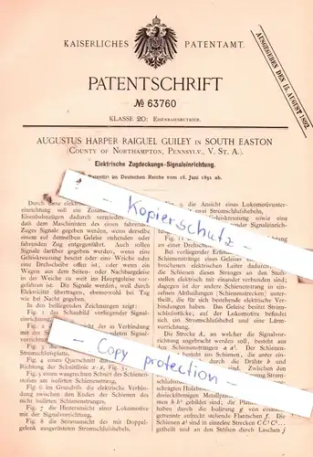original Patent - Augustus Harper Raiguel Guiley in Couth Easton , V. St. A. , 1891 , Eisenbahnbetrieb !!!
