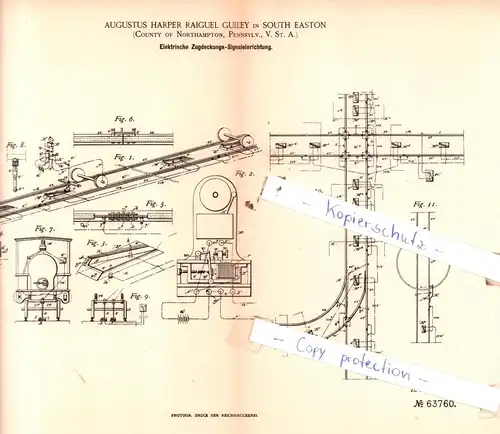 original Patent - Augustus Harper Raiguel Guiley in Couth Easton , V. St. A. , 1891 , Eisenbahnbetrieb !!!