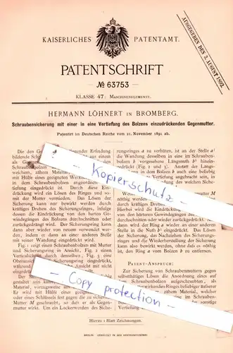 original Patent - Hermann Löhnert in Bromberg , 1891 , Maschinenelemente !!!