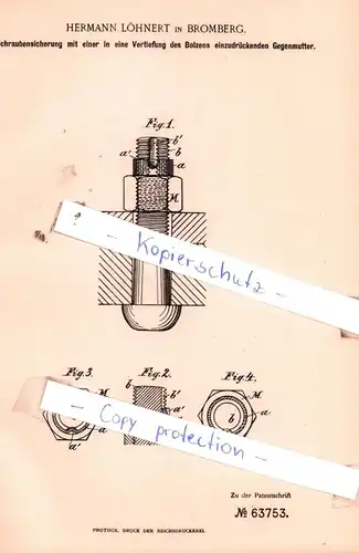 original Patent - Hermann Löhnert in Bromberg , 1891 , Maschinenelemente !!!