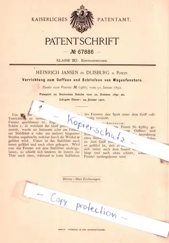 original Patent - H. Jansen in Duisburg a. Rhein , 1892 , Vorrichtung zum Oeffnen und Schließen von Wagenfenstern !!!