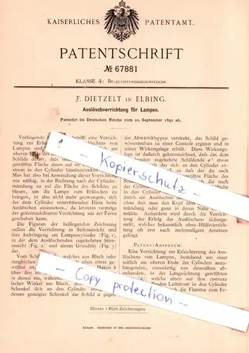 original Patent - F. Dietzelt in Elbing , 1892 ,  Auslöschvorrichtung für Lampen !!!