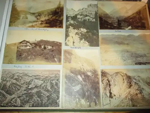 13x alte Ansichtskarten 1921 , Mittenwald , Lautersee , Kranzberg , Leutasch , Karwendelhütte , Albumseite , Album , AK