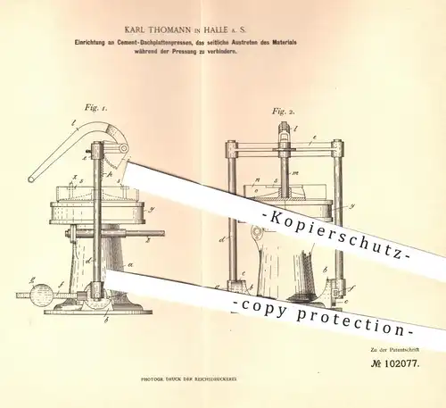 original Patent - Karl Thomann , Halle / Saale  1898 , Zement - Dachplattenpresse | Presse , Pressen , Dachdecker , Dach