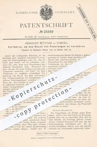 original Patent - Hermann Büttner , Coburg , 1883 , Verfahren, um den Rauch von Feuerungen zu verzehren | Dampfkessel
