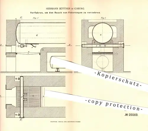 original Patent - Hermann Büttner , Coburg , 1883 , Verfahren, um den Rauch von Feuerungen zu verzehren | Dampfkessel