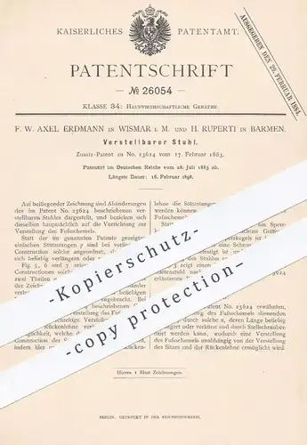 original Patent - F. W. Axel Erdmann , Wismar / H. Ruperti , Barmen , 1883 , Verstellbarer Stuhl | Stühle , Möbel !!!