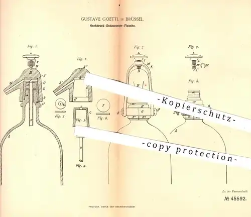 original Patent - Gustave Goettl , Brüssel , 1888 , Hochdruck - Sodawasser - Flasche | Verschluss für Flaschen !!!